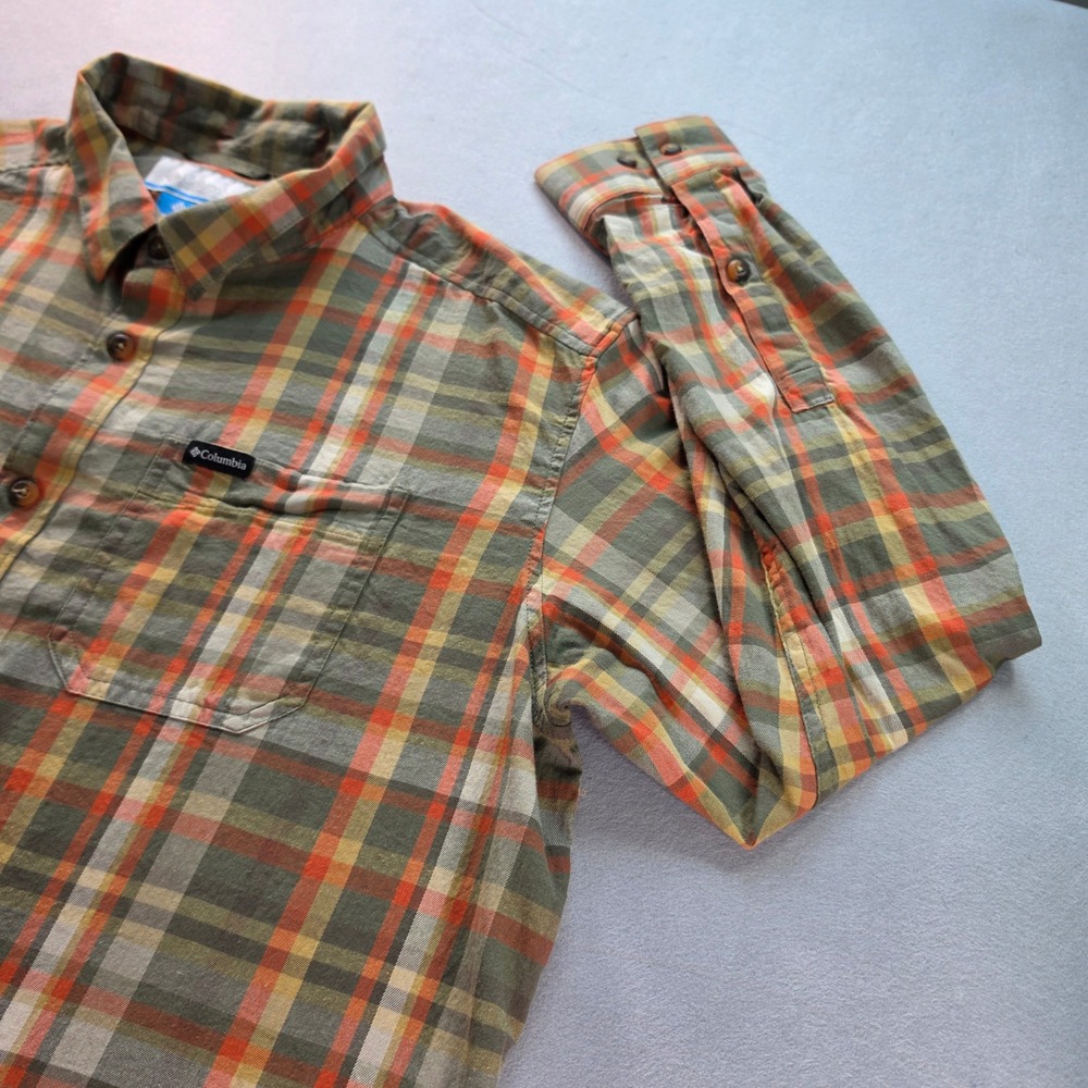 Columbia Mens XL Plaid Button Down Shirt Long Sleeve Olive Orange AM8053 Stretch - Picture 3 of 6